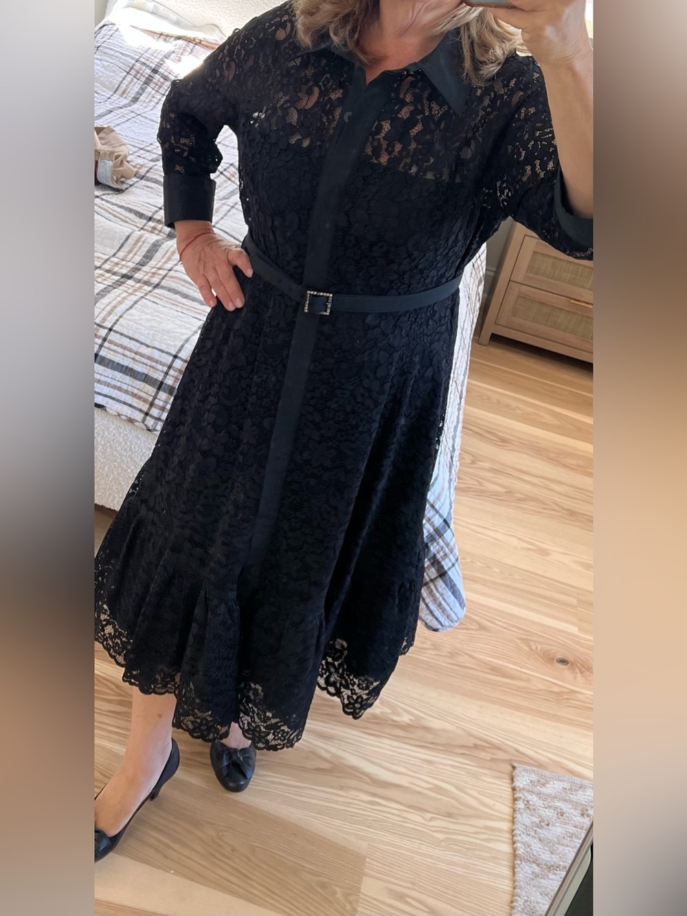 Teri Jon Black Lace Midi Shirt Dress with Belt formal a-line size 20